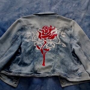 Light Denim Long Sleeve Jacket, Painted Red Rose with White Detailing on Back